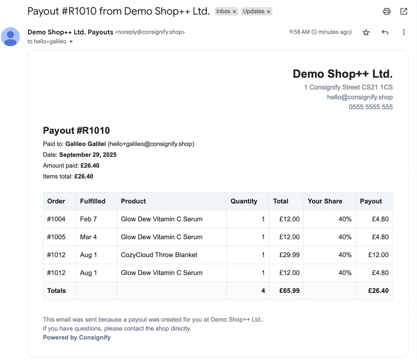 Email Receipt Sample
