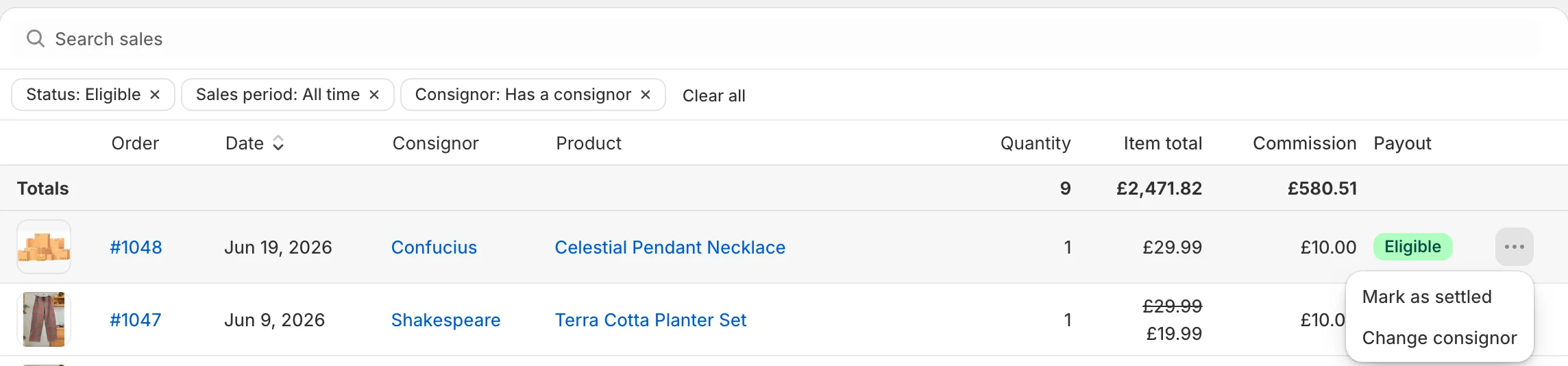 A sale's row on the Sales page with its ⋯ menu open, showing the Mark as settled and Change consignor actions.
